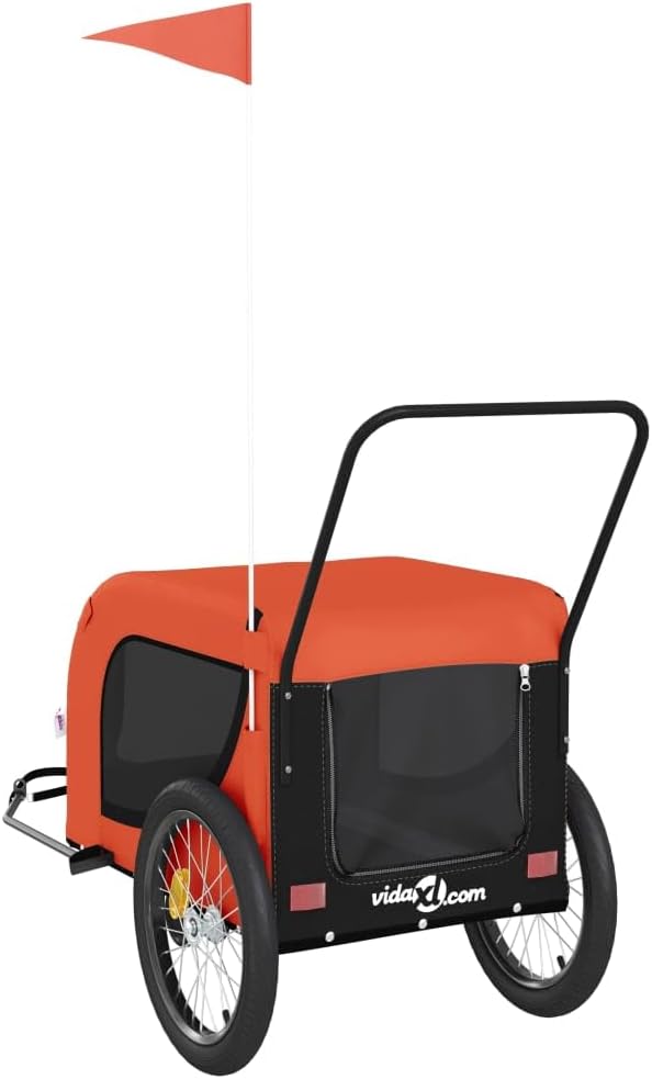 Pet Bike Trailer for Small Dogs, Foldable Bicycle Cargo Trailer with Mesh Windows, Safety Flag and Reflectors, Sturdy Iron Frame, Orange and Black