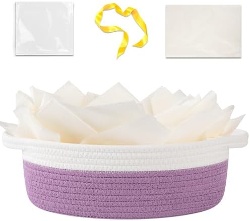 OIAHOMY Gift Basket Empty with Handle, 12"x 8"x 5" Small Woven Basket with Gift Bag, Ribbon and Wrap Tissue Paper, Dog Toy Storage for Organizing - Lilac Purple & White