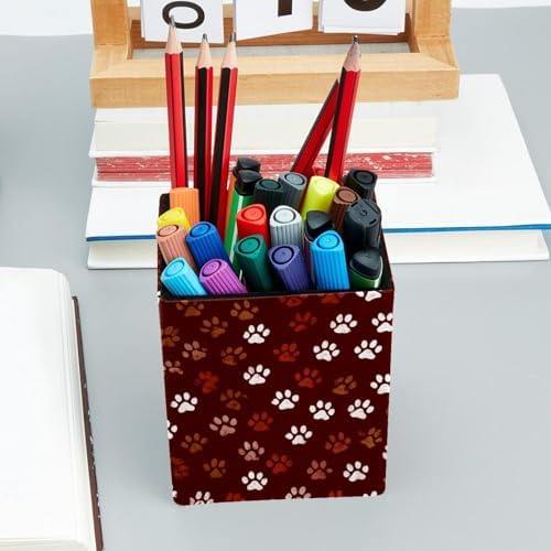 Pet Paws Pen Holder for Desk Decor, Rectangular PVC Leather Pencil Cup for Desk Pen Organizer, Makeup Brush Holder for School, Home, Office