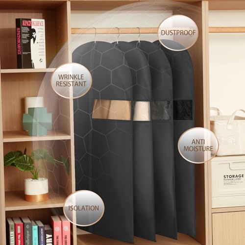 Kimmama Garment Bag for Hanging Cloth, Suit Protect Cover, 23.6" x 43.3" | PEVA Clothes Cover, For Suit, Shirt, Coats, Kids Dress, Clear Windows, Dustproof, Mosquito-Proof, Keep Dry, Black