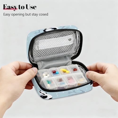 Weekly Pill Organizer Travel Size Bag with Removable 7 Day Pill Box Portable Vitamin Case Purse with Zipper,Panda On Branch Snowy