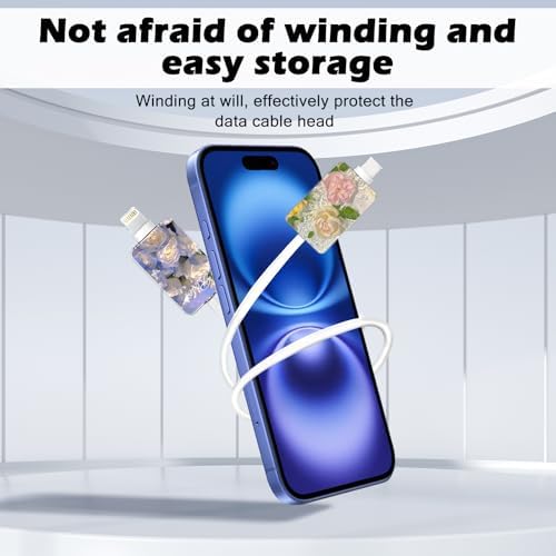 CameCosy Cable Protector for iPhone Type-c Charger, Lavender/White Blue Roses/Cherry Blossoms Pattern 4PCS Phone Charger Protector,Charging Cord Protector,Cable Chomper,Charger Case