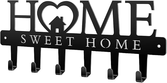 Wide-Spaced Home Sweet Home Key Holder Wall Mount, 6 Hook Rust-Proof Key Rack with House & Heart Decor, 13.5 Inch Entryway Organizer for Front Door, Kitchen, Pratical Family & Housewarming Gift