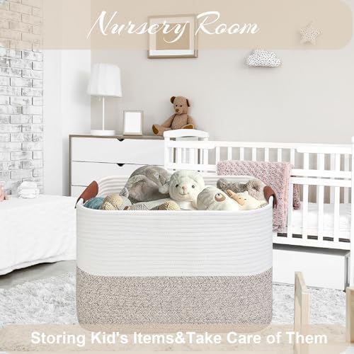 Large Cotton Rope Storage Basket with Leather Handles, Laundry Hamper Basket, 20 "L x 14" W x 12 "H, Durable & Stylish Organizer for Home.(Large Brown)