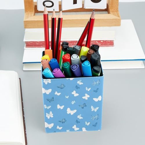 Butterflies Pen Holder for Desk Decor, Rectangular PVC Leather Pencil Cup for Desk Pen Organizer, Makeup Brush Holder for School, Home, Office