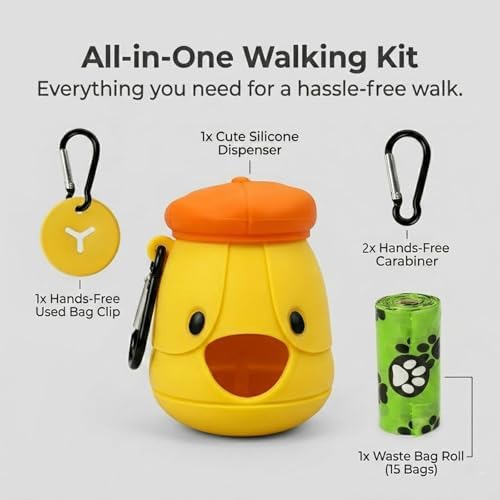 Dog Poop Bag Holder with Hands-Free Used Bag Clip & 1 Roll Bags | Cute silicone design with leash attachment and hands-free clip, making dog walking cleaner and more convenient outdoors