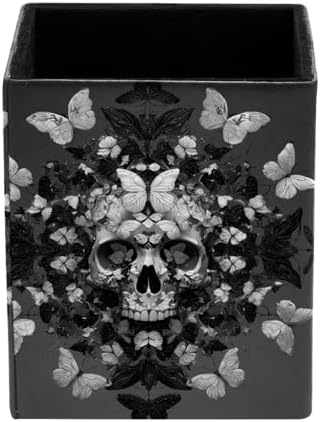 Skull and Butterfly Pen Holder for Desk Decor, Rectangular PVC Leather Pencil Cup for Desk Pen Organizer, Makeup Brush Holder for School, Home, Office