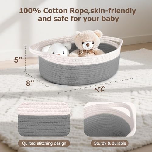 Small Woven Basket, 12" x 8" x 5" Gift Basket Empty with Ribbon and Gift Bag, Rope Basket for Baby Shower, Holiday Presents,Storage Basket with Handle for Nursery,Pet Toy Basket (White-Grey)