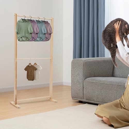Pet Clothing Display Stand, 11lbs Capacity, Solid Wood Garment Rack with Detachable Crossbar for Dogs Cats