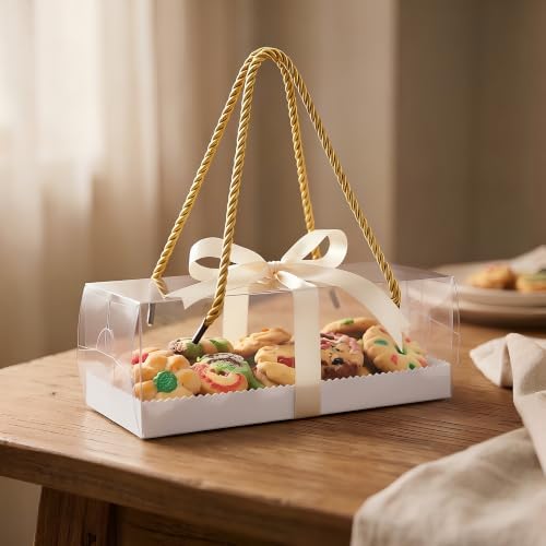40 Pack Clear Cake Boxes with Gold Rope Handle, 7.3 x 2.5 x 2.5 Inch Chocolate Covered Strawberry Packaging, Bakery Gift Boxes for Wedding Dessert Table Party Treats