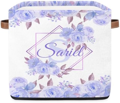 Personalized Storage-Baskets for Organizing,Foldable Storage-Bins with Handles Custom Cute Basket for Boys,Girls,Pet,Clothes,Blanket,Bedroom Nursery Toy Storage Gift,13 x13 x13 In, Floral Purple