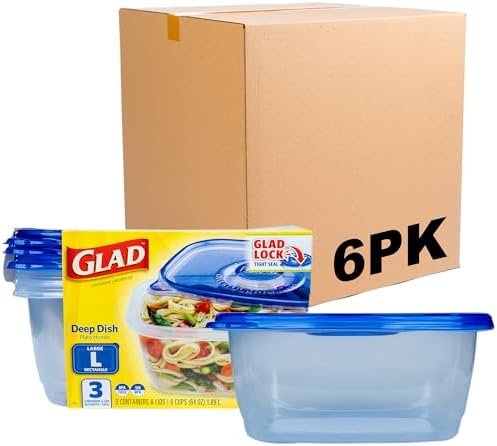 Glad GladWare Deep Dish Food Storage Containers, 64 Oz, 3 Count, 6-Pack | Lock-tight seal for soups, salads, and meal prep in a large rectangle format; microwave and dishwasher safe