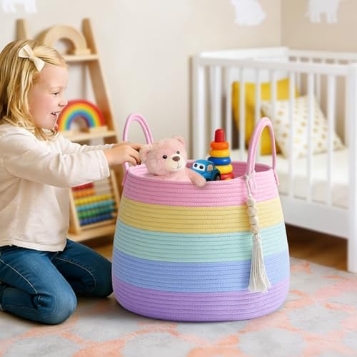 Large Nursery Hamper, 30L Blanket Basket with Handle, Baby Laundry Basket for Gift, Toy, Clothes, Woven Storage Basket with Wooden Bead Decor, Baby Hamper for Nursery (Black&Brown)