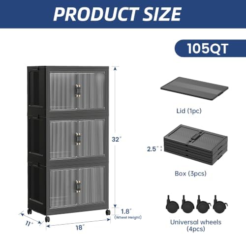 SAILUN 105Qt Stackable Storage Bins,Storage Cabinet with a Lid,3 Pack Black