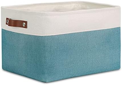DULLEMELO Fabric Storage Basket for Shelves/Closets, Collapsible Rectangle Basket for Organizing Clothes, Toys, Towels, Books, Laundry, Nursery, Dog Toy Basket Empty (White&Teal)