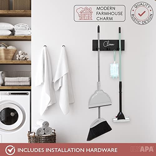 Ilyapa Mop and Broom Holder Wall Mount, Black Wall Hanging Wooden Brooms and Mops Organizer, Kitchen & Laundry Room Broom Hanger Organizer Storage Rack