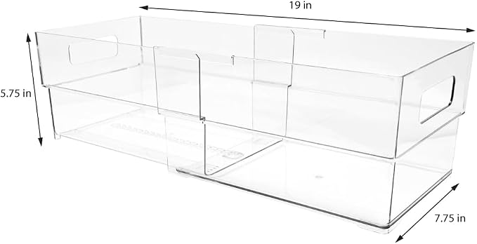 Isaac Jacobs 2-Pack Clear Expandable Storage Bins - Large | 11"-19" L x 7.8" W x 5.8" H, Plastic Organizer with Cut-Out Handles, Adjustable Length from 11-19" for Home, Kitchen & Office