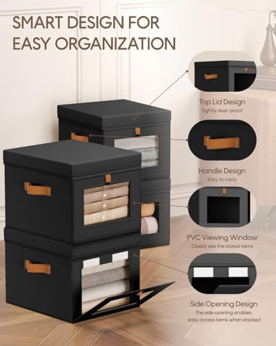 Homsorout Storage Bins with Lid – Closet Organizer with Side Opening and Clear Window, Foldable Stackable Fabric Basket for Clothes, Home, Office - 13.77" x 11.8" x 9.8", 4 Pack, Black