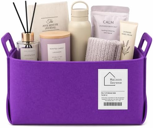Purple Felt Storage Basket with Handles, Foldable Fabric Bin Organizer | Collapsible Decorative Basket for Shelves, Closets, Toys & Nursery – Versatile Fabric Bin for Home, Bedroom and Playroom