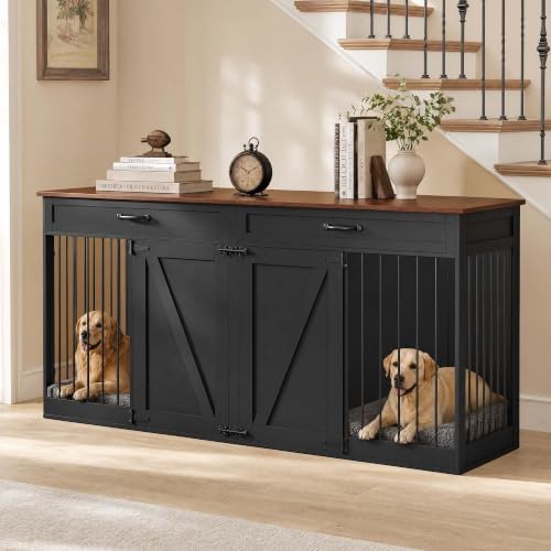 70.8" Dog Crate with 2 Drawer, Large Dog Crate Furniture for 2 Dogs, Farmhouse Dog Crate with Removable Divider Dog Kennel Furniture, Heavy Duty Dog Cage and TV Stand for Large Medium Dogs