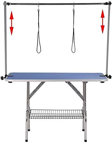 36" Pet Dog Grooming Table, Foldable Stainless Steel Frame Pet Drying Grooming Table Up to 330lbs, Professional Bathing Desk for Dogs at Home with Adjustable Overhead Arms, Noose, Mesh Tray, Blue