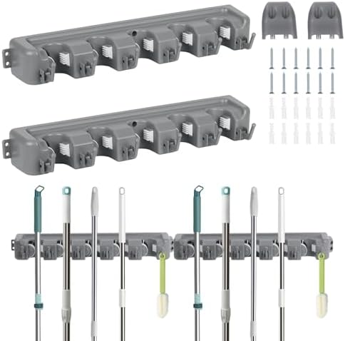 HOME MASTER HARDWARE (2 Pack 16 in Broom Mop Holder Garage Storage Organizer with 5 Racks 6 Hooks Adjustable Wall Mounted Storage Tool for Lanudry Garage Kitchen Garden