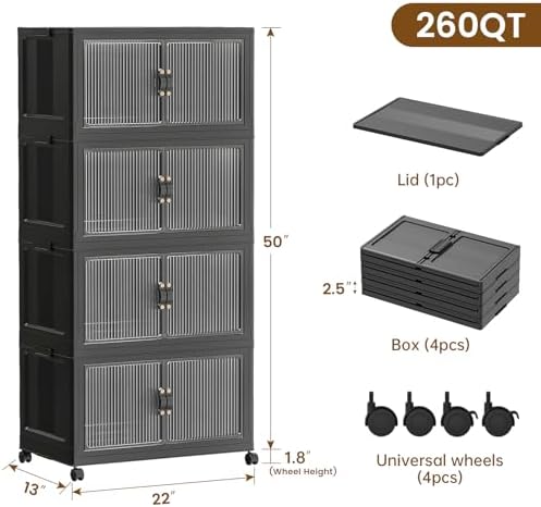 SAILUN 260Qt Stackable Storage Bins,Storage Cabinet with a Lid,4 Pack Black
