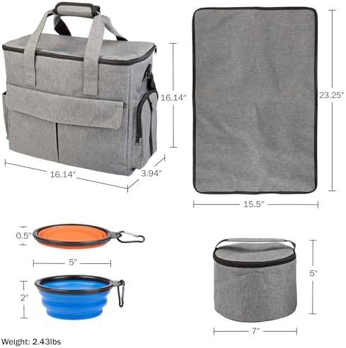 Dog Travel Bag - Cat and Dog Storage Organizer with Pockets, Mat, 2 Food Containers, and 2 Large Collapsible Travel Dog Bowls by PETMAKER (Gray)