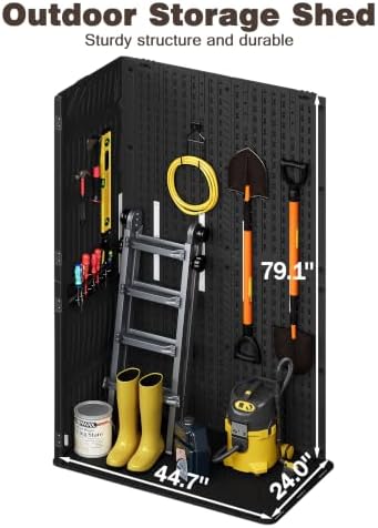 Tall Vertical Storage Cabinet with Floor & Lockable Double Doors, 61 Cuft Weather-Resistant Thickened Outdoor Resin Storage Shed for Patio, Garden and Garage, Black