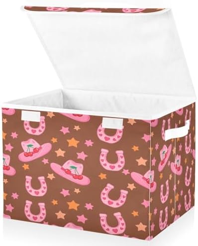 Pink Cowboy Hats Horseshoes Storage Bins with Lids Foldable Storage Basket with Handles Collapsible Large Fabric Organizer Containers for Clothes Shelves Closet Office Home