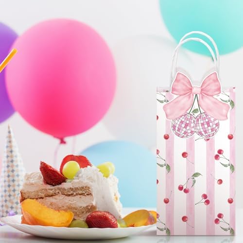 16 Pcs Pink Cherry Bow Party Favor Bags Kraft Paper Goodie Bags with Handle 3D Bow Double-sided Printing Treat Bag for Birthday Baby Shower Wedding Bridal Shower Summer Fruit Themed Party