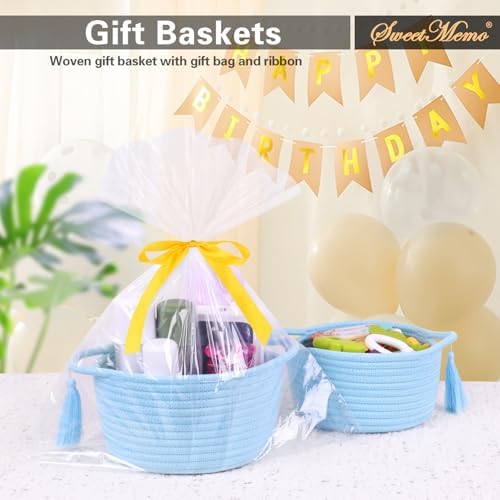 Small Gift Basket Empty to Fill, Gifts Bag & Ribbon, Light Blue | Cute Decorative Mini Woven Rope Basket with Handles for Gifting; Reusable for Bathroom Counter or Desk Catchall, 8 x 4.7 in