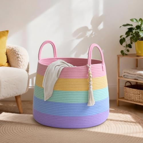 Large Nursery Hamper, 60L Blanket Basket with Handle, Baby Laundry Basket for Gift, Toy, Clothes, Woven Storage Basket with Wooden Bead Decor, Baby Hamper for Nursery(Rainbow)