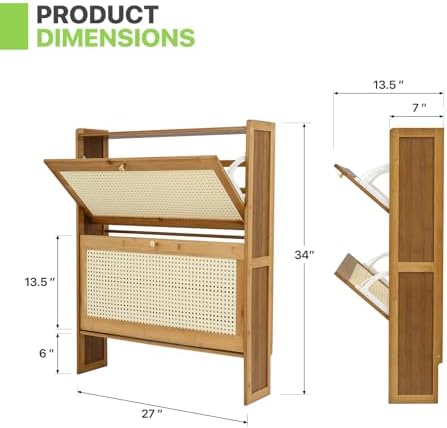 Magshion Narrow Shoe Cabinet for Entryway Slim Thin Bamboo Freestanding Shoe Storage with Flip Drawers for Hallway, Living Room (Brown, 34" x 27" x 7")