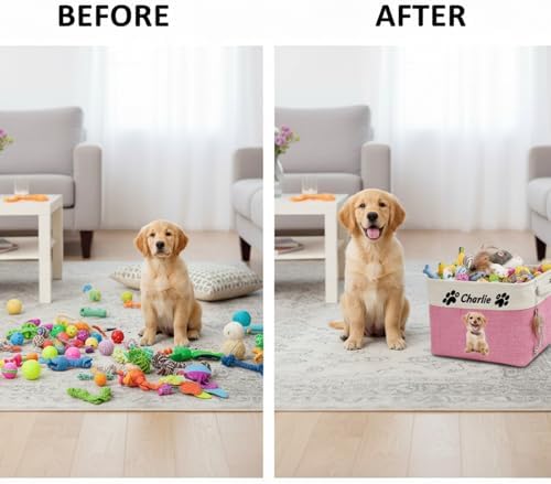 Personalized Fabric Dog Toy Basket Custom Pet Collapsible Toy Box with Name Picture Customized Storage Bins for Dog Toy Clothing,Brown