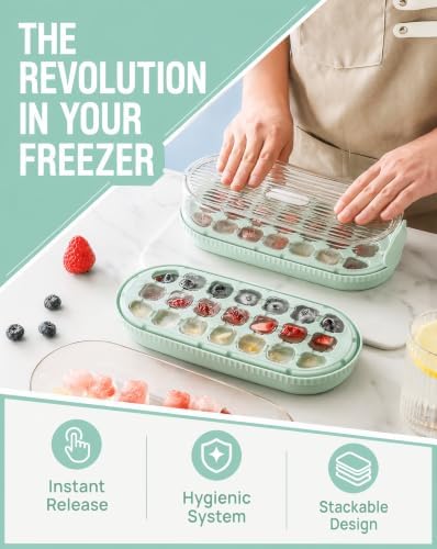 21 Cubes Press Ice Cube Tray with Lid and Storage Bin Easy Release | Fill without opening cover, PP+TPE+PET stackable odorless ice maker box for cocktail whiskey, mint green, 9.4x4.1x2.6 in