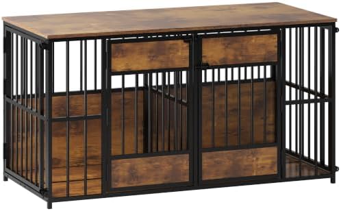 Semiocthome Dual Compartment Furniture Dog Crate, Antique Brown | Sturdy Metal Bars Dog Kennel with 4 Large Gates and Wood Storage Top, Indoor Pet Cage for Small and Medium Size Dogs