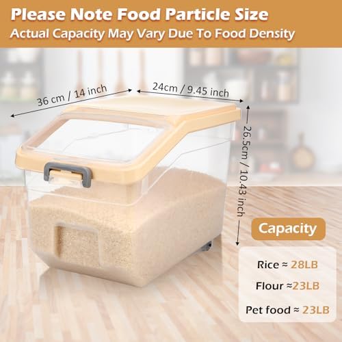 Sunnyray 4 Pcs Rice Storage Containers Bulk Flour Sugar Container Wheels Measuring Cups Set Airtight Pet Dog Cat Birds Food Bin Grain Cereal Organizer Box for Dry Baking(Beige,28 lb)