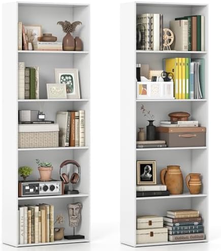 GIANTEX 5-Tier Bookshelves Set of 2, Freestanding Tall Bookcase with 5 Open Compartments, Modern Storage Organizer, Display Shelving Unit for Living Room, Bedroom, White