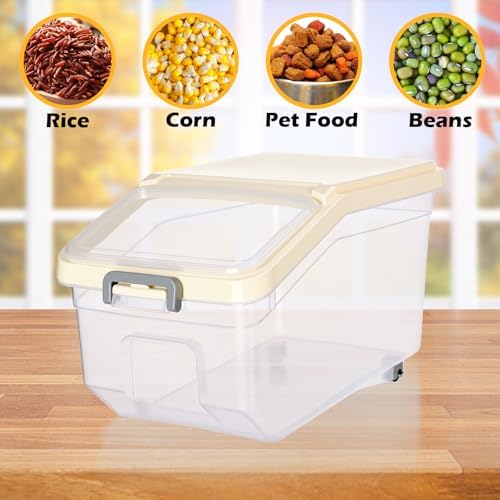 Sunnyray 4 Pcs Rice Storage Containers Bulk Flour Sugar Container Wheels Measuring Cups Set Airtight Pet Dog Cat Birds Food Bin Grain Cereal Organizer Box for Dry Baking(Beige,22 lb)