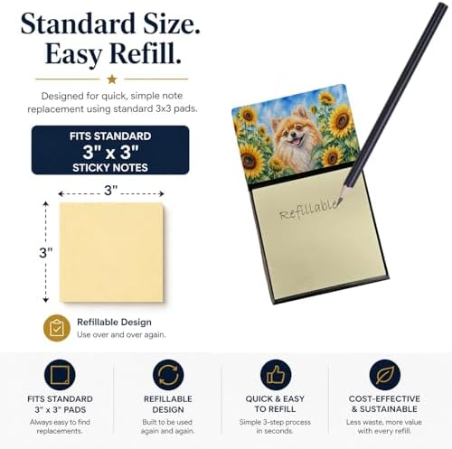 Caroline's Treasures Pomeranian in Sunflowers Watercolor Sticky Note Holder Refillable Dispenser Desk Accessory 3x3 Pad Gift