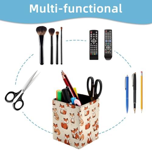 Cute Fox Pen Holder for Desk Decor, Rectangular PVC Leather Pencil Cup for Desk Pen Organizer, Makeup Brush Holder for School, Home, Office