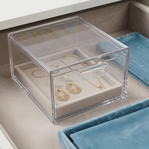 Plastic Stackable Storage Drawers with Handle and Removable Dividers 4pcs Pet Material Cosmetic Organizer with Reliable Closures and Smooth for Makeup Vanity and Bathroom Cabinets
