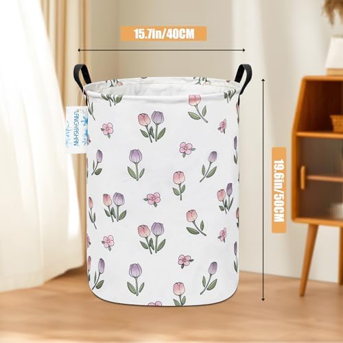 Round Laundry Basket Collapsible Storage Hamper Organizer Romantic Tulip | Waterproof Canvas Foldable Baskets with sturdy Handles Multi-scene Organizer for Home Play Bedroom Gift Bin