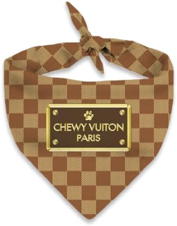 Dog Bandana Chewy Vuiton Checker Designer Fashion Clothes Scarf kercheif for Small Medium and Large Dogs. Funny Parody Gift for Girl or boy Dog Soft Durable Fabric, Adjustable tie-on Style Triangle