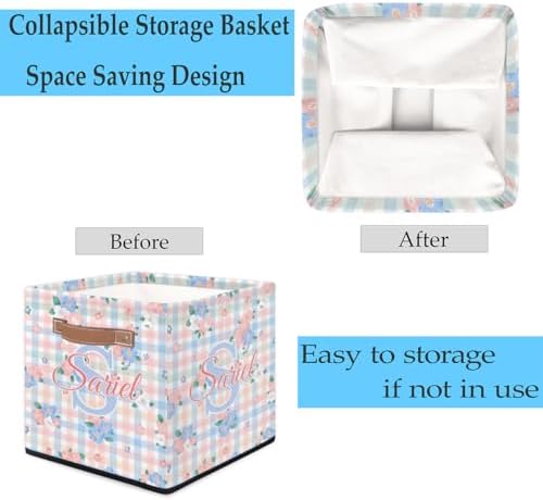 Storage-Basket with Handle Personalized Decor-Organizer-Bins for Bedroom Collapsible Laundry Basket as Gifts for Girls Boys Baby Adults Floral Plaid Storage-Bins