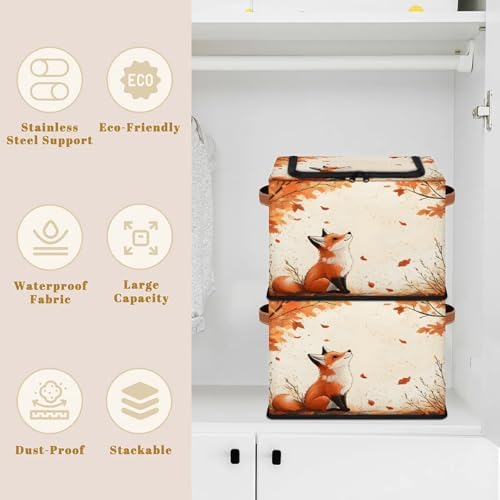 Fox Forest Animals Storage Bins with Zipper Lid Autumn Maple Foldable Fabric Organizer Box with Handles Rectangular Closet Clothes Organizer Containers