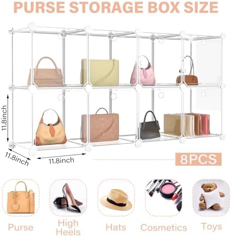Briwooody 8 Pack Purse Organizer for Closet Purse Storage Box with Door Clear Display Case Handbag Organizer Dustproof Storage Bins for Hat Wallet Book Toy Cosmetic