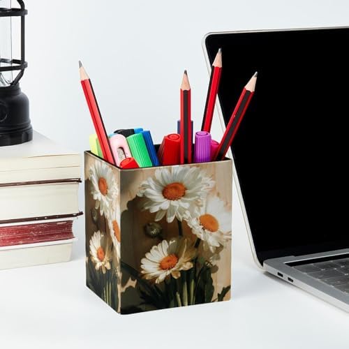 Wooden Board and Daisies Pen Holder for Desk Decor, Rectangular PVC Leather Pencil Cup for Desk Pen Organizer, Makeup Brush Holder for School, Home, Office