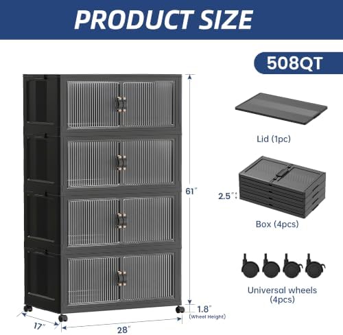 SAILUN 580Qt Stackable Storage Bins,Storage Cabinet with a Lid,4 Pack Black